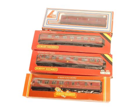 Four Hornby OO gauge coaches, to include LMS 57 composite R433, Lima, etc., boxed. (4)