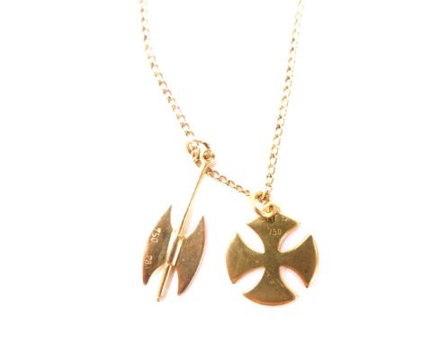 A necklace, with two cross and arrow pendants, one rose gold one yellow gold, both stamped 750, 2cm and 1.5cm high, on a fine