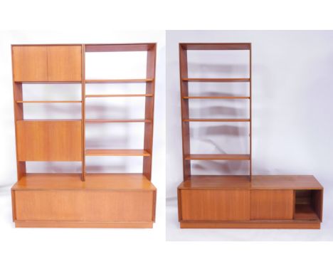 A retro teak wall unit, comprising two sideboard bases with two adjustable shelf tops and cocktail cabinet section, 198cm hig