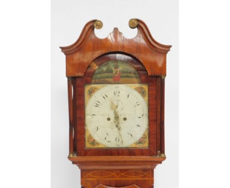 Joe Farrer of Doncaster. A 19thC mahogany longcase clock, with swan neck pediment, above a painted dial, with eight day movem