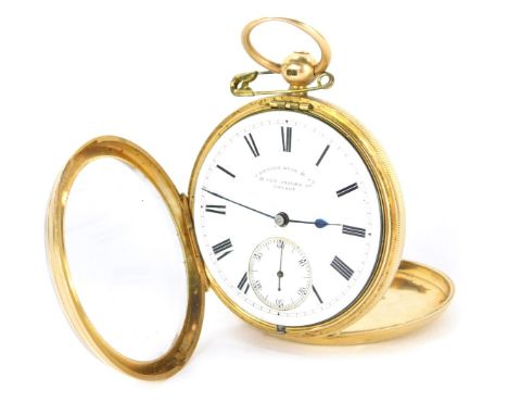 An 18ct gold Camerer Kuss &amp; Co hunter pocket watch, with white enamel Roman numeric dial and seconds counter, with blue h