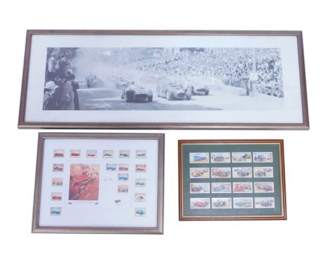 Three motor racing pictures, comprising a set of framed Ogden's automobile racing cards, Monaco racing car stamp collection, 