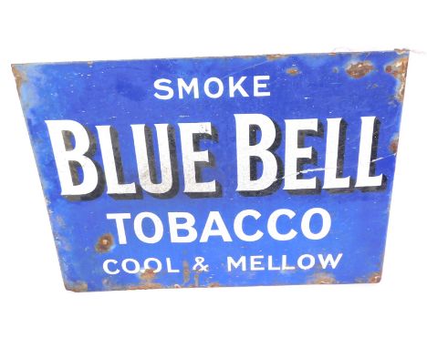A Bluebell tobacco blue enamel advertising sign, Smoke Bluebell tobacco Cool and Mellow, in white writing on a blue backgroun