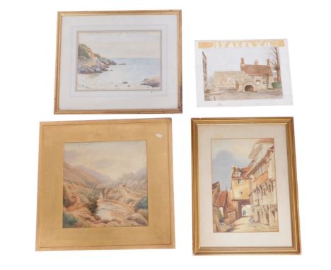 Four 20thC and later watercolours, comprising town scene with houses and figures, 32cm x 22cm, unsigned, a bridge, river and 