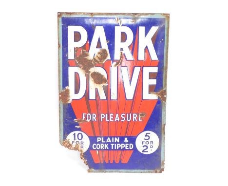 A Park Drive enamel sign, marked Park Drive For Pleasure, plain and cork tipped, with turquoise blue, red and white enamel, 7
