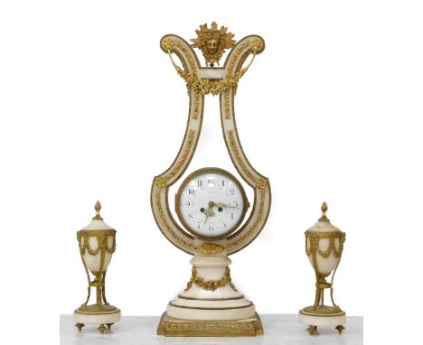 A late 19th French porcelain ormolu and gilt metal lyre clock garniture de cheminee, by Sartinot of Paris, the alabaster shap