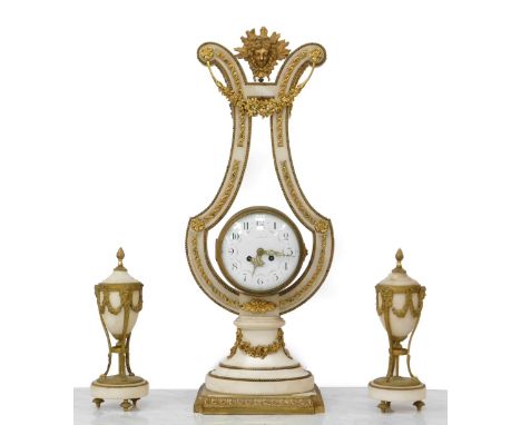 A late 19th French porcelain ormolu and gilt metal lyre clock garniture de cheminee, by Sartinot of Paris, the alabaster shap