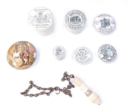 Advertising pot lids, Prattware pot lid, Burgess and Cold Cream ceramic pots, bathroom pulley handle, etc.