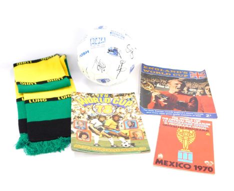 Sporting memorabilia, comprising an LUHG scarf, a signed The Posh Peterborough United football, a World Cup Official programm
