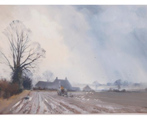 Marcus Ford (21stC School). Farming ploughing scene with tractor, oil on canvas, signed,  42cm x 86cm, in modern frame.