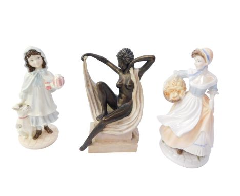 Three figures, comprising a Royal Worcester Bakers Wife, limited edition number 1852 of 5,000, 21cm high, and a Coalport lady