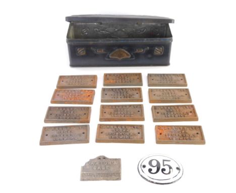 A Mitre polishing Art Nouveau tin, and a group of C Abbott Ltd Crown Ironworks Ipswich metal badges, an enamel number 95 badg