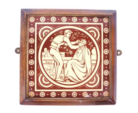 A Minton's china ceramic tile, on a brown floral ground, stamped Minton's in fitted wooden frame, 19.5cm x 19.5cm.