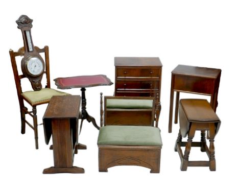 A group of vintage dark stained furniture, comprising two drop leaf occasional tables, a footstool, a barometer, a small pede