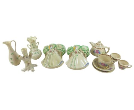 A group of mixed ceramics, including a pair of Clarice Cliff 'Lady Anne' wall pockets, model no.868, 'Clarice Cliff Newport P