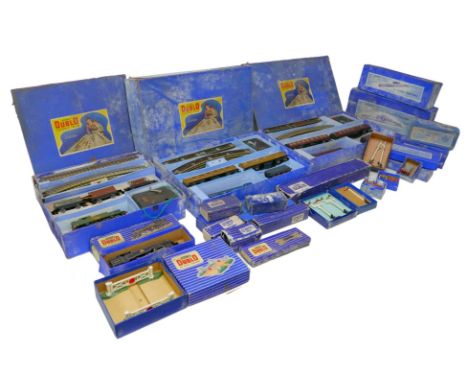 A collection of Hornby Dublo railway models, including a EDL 18 Standard 2-6-4 Tank loco, an EDP1 SIr Nigel Gresley passenger