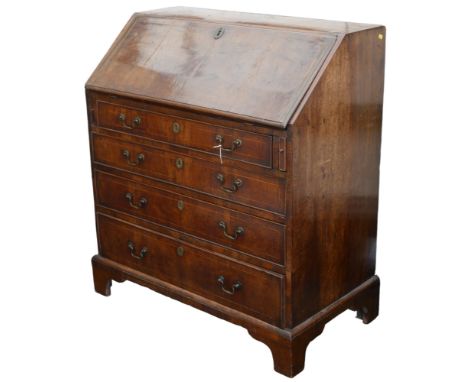 A George III walnut bureau, with boxwood strung decoration, its fall front opening reveals a fitted interior, its base with f