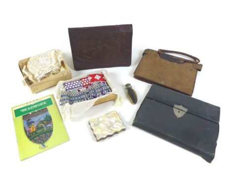 A vintage mother of pearl and tortoiseshell ladies card case, with scalloped edge and green interior lining, a/f, 10 by 8cm, 