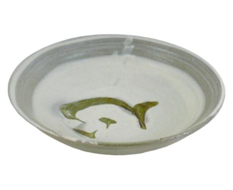 A Bernard Leach studio pottery bowl, decorated in grey, dark moss green, and white glaze, impressed BL and studio marks, 18.5