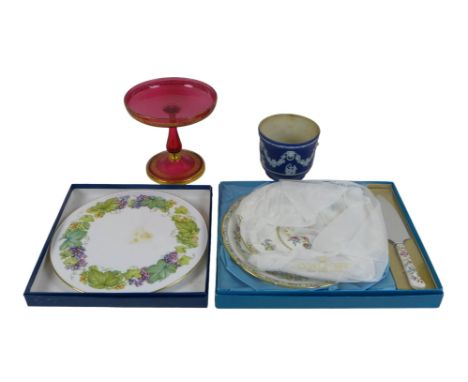 A group of mixed collectibles, including a Wedgwood Jasperware blue small jardiniere, a Victorian cranberry glass comport, 19