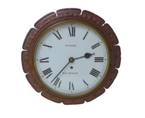 An oak cased wall clock with single fusee movement by Knight of Halstead, with enamel dial with Roman numeral hour markers,  