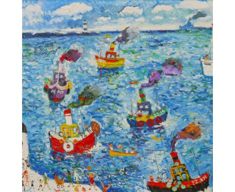 Simeon Stafford (British, b. 1956): 'The Fishing Fleet', oil on canvas, signed, titled verso, 99 by 99cm, framed, 113 by 113c