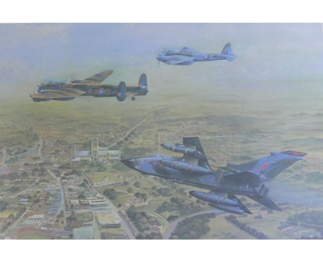 Three aviation prints and a pencil sketch, the largest a print after John Pettitt 'Tribute to 617 Squadron Past and Present' 