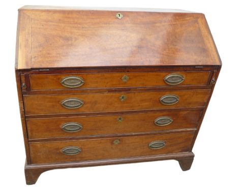 A George III mahogany bureau, with fall front revealing fitted interior, over four long drawers, with brass swan neck handles