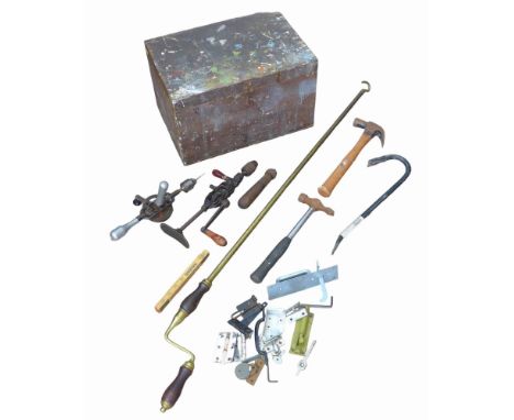 A small group of hand tools, in wooden tool box, 45 by 30 by 27cm high, together with a brass window winder pole. (1 box) 