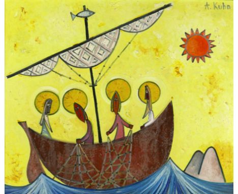Andrzej Kuhn (Polish, 1929-2014): 'Fishing in Galilee', signed upper right, oil on board, 62.5 by 73.5cm, in a black painted 