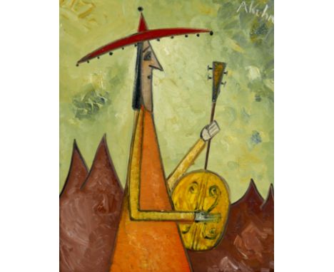 Andrzej Kuhn (Polish, 1929-2014): 'Troubadour', signed upper right, oil on board, 42 by 33cm, in plain pine frame, 48 by 39.5