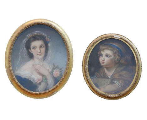 Two 19th century oval form pastel portraits, comprising a portrait of a lady pastel on board, indistinctly signed possibly 'E