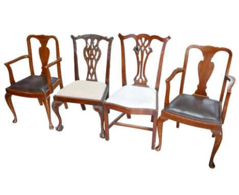 A Chippendale style dining chair, with shaped top rail, upholstered drop in seat, ball and claw feet, together with three oth