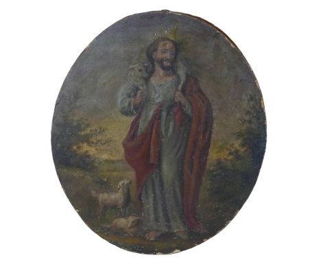Continental School (19th century): an oval portrait of Jesus Christ as shepherd, oil on board, unsigned, with another paintin