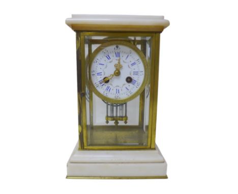 A 19th century marble and glass panelled, mantel clock, with brass frame, Roman numeral dial, twin train movement striking on