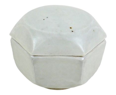 A Bernard Leach studio pottery hexagonal lidded pot for incense, decorated in white and celadon glaze, impressed BL and studi