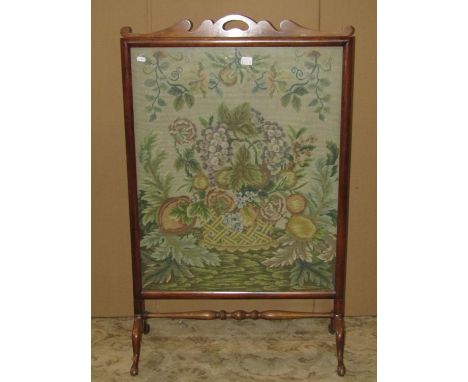 Large Edwardian tapestry, fruit in a lattice work basket - mounted as a firescreen 