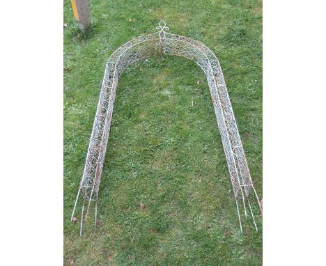 A galvanised steel rose arch/arbour with decorative lattice and scroll detail, 265 high x 120cm wide 
