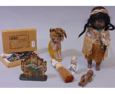 Small mixed  collection of vintage toys including farm animals, a ceramic half doll brush, a further half doll, a ceramic fig