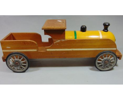 Vintage wooden toy train with 4 wheels and painted tank, 61cm long 