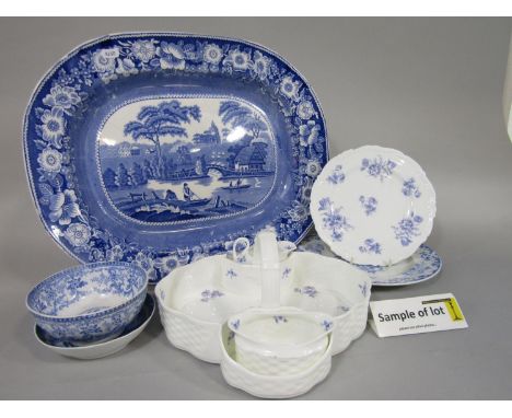 A collection of 19th century and later blue and white printed wares including two oval graduated meat plates in the wild rose