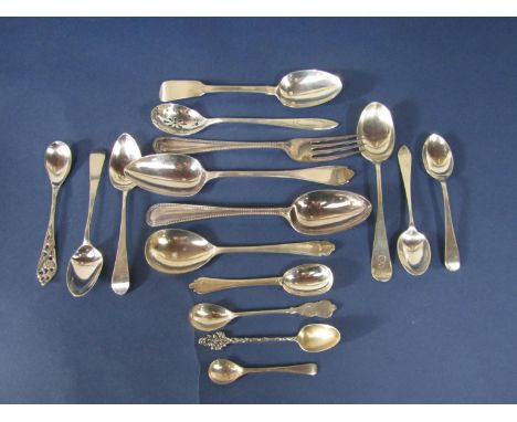A collection of various silver spoons to include beaded and trefoil examples, together with a further beaded fork, 8.5 oz app