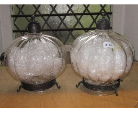 A pair of contemporary moulded glass pumpkin shaped hanging ceiling lights with metal fittings, two branch wall light, etc (A