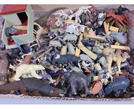 Boxful  of vintage farm and zoo animals, including painted lead figures by Britains and other plastic animals 