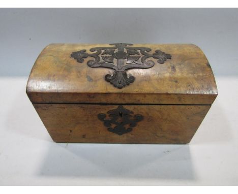 19th century burr walnut and metal clad domed topped tea caddy, the hinged lid enclosing segmented lidded interior, 22cm wide