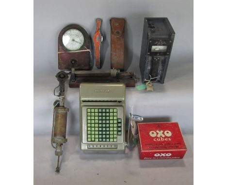 A box of interesting scientific and other instruments to include a blow drill, an adjustable frequency meter, vintage radio p