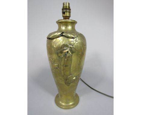 Japanese cast polished brass baluster vase, decorated in relief with a floral spray, 35 cm high (converted to a lamp, not dri