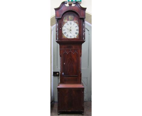 A Regency mahogany longcase clock, the case with well figured flamed veneered door, within reeded and canted corners, with bo