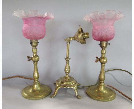 Good pair of brass table lamps with hinged ball socket joints in the stem and opaque glass shades, 32cm high, together with a