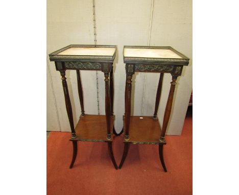 A pair of late 19th century square cut plant or lamp tables, the marble tops within pierced brass borders, raised on four tur